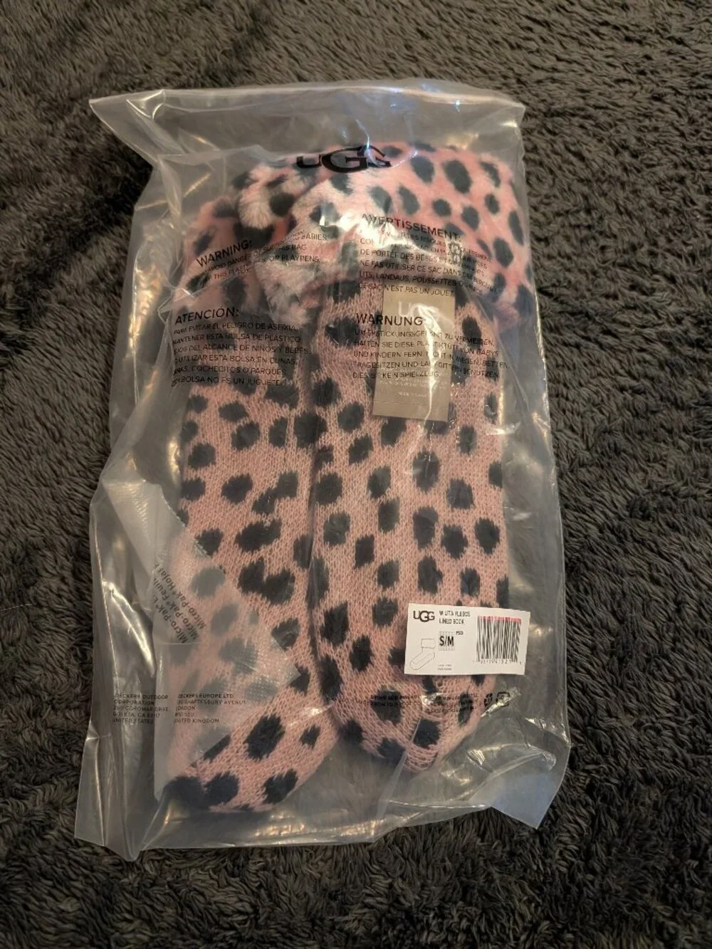 UGG Women's Fleece Lined Rainboot Socks Pink Scallop Cheetah ~ S/M